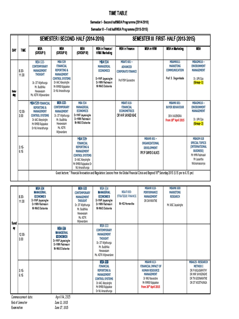 MBA Programme Timetable 2015 | PDF | Master Of Business Administration ...