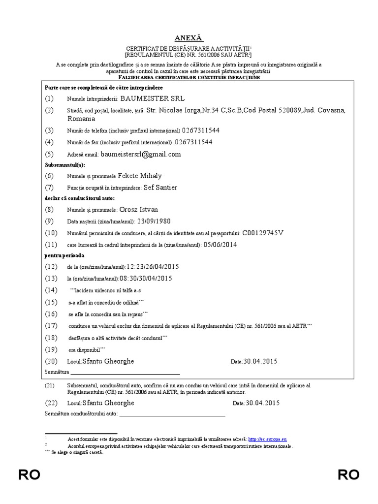 Anexa Certificat De Desfasurare Activitatii