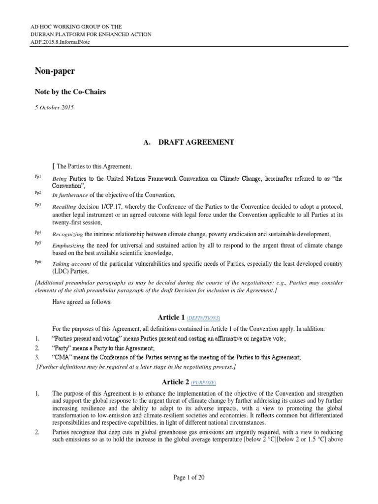 Paris 2015 - 20 Page Draft Agreement | PDF | Climate Change Mitigation ...