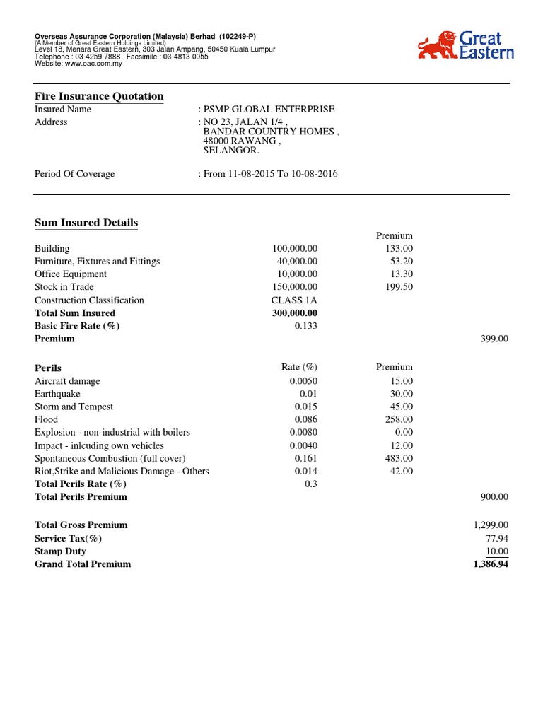 Fire Insurance Quotation for PSMP Global | PDF | Technology & Engineering
