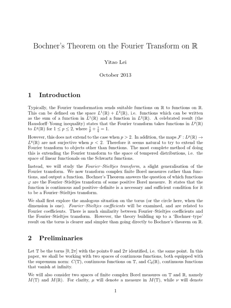 Bochner's Theorem on Fourier-Stieltjes | PDF | Fourier Transform ...