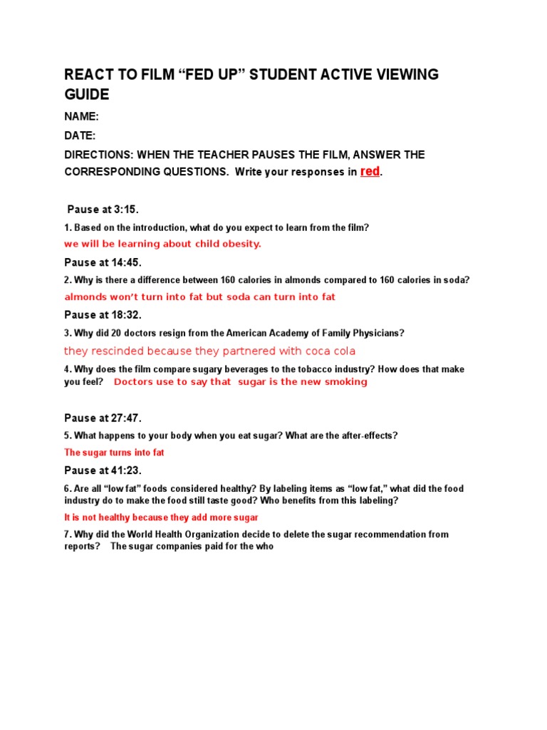 Fedupstudentquestions11 Doriannater PDF  Soft Drink  Sugar In Fed Up Worksheet Answer Key