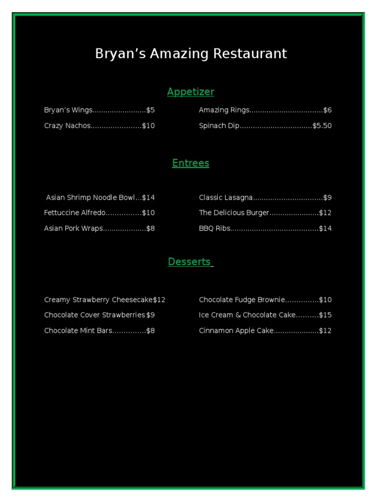 Bryan's Restaurant Menu Highlights | PDF