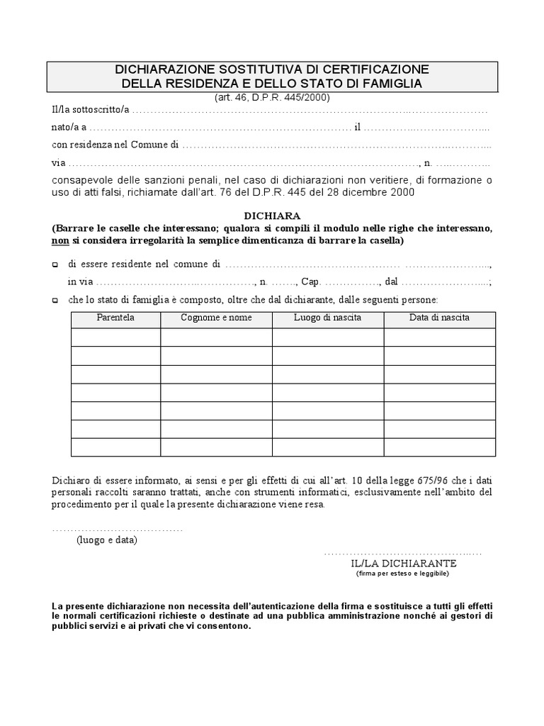 Modulo Autocertificazione Stato Famiglia Pdf