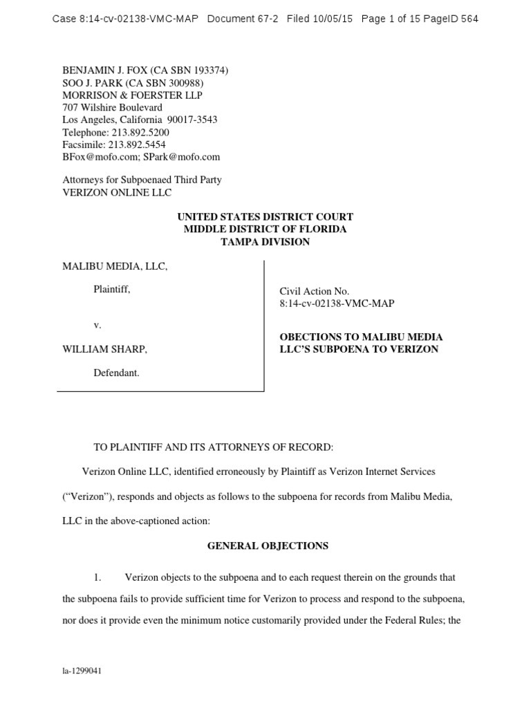 0672 Verizons Objections To Subpoena Filed Earlier PDF Discovery (Law) Deposition (Law)
