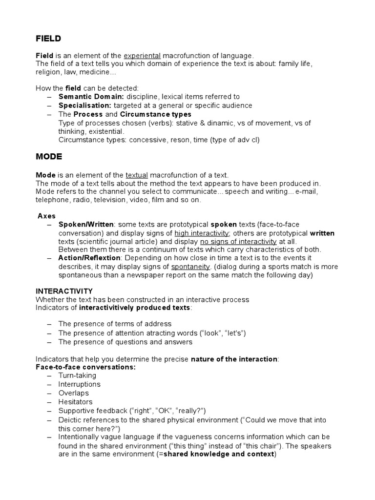 Field, Mode and Tenor Conversation Syntax