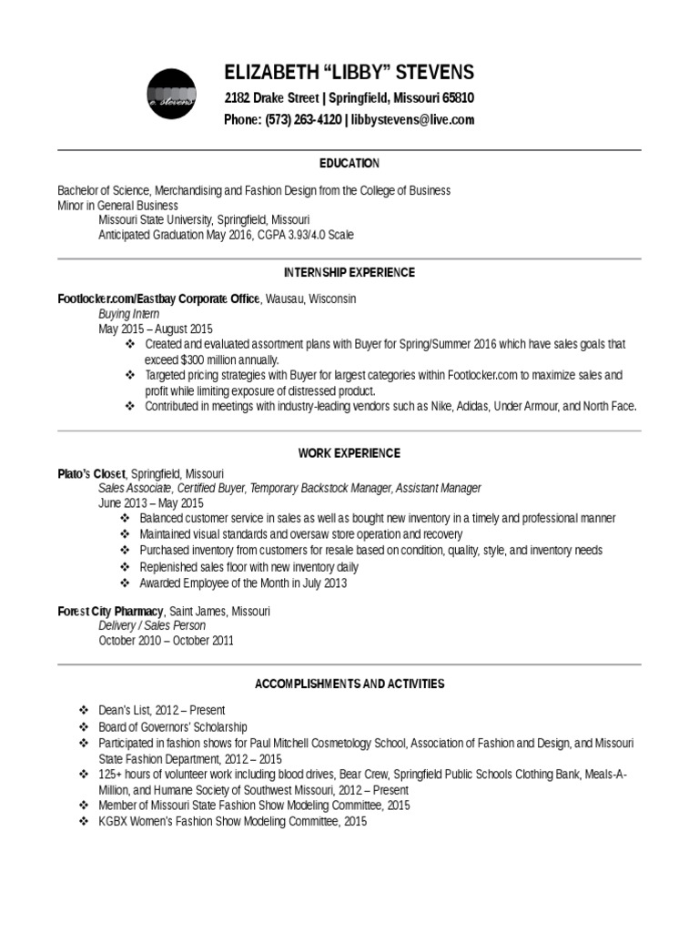 Elizabeth Stevens: Fashion Design Resume | PDF