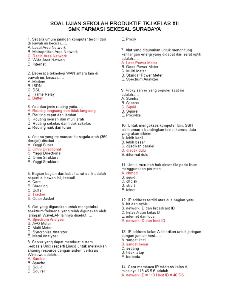 Soal Ujian Sekolah Produktif Tkj Kelas Xii