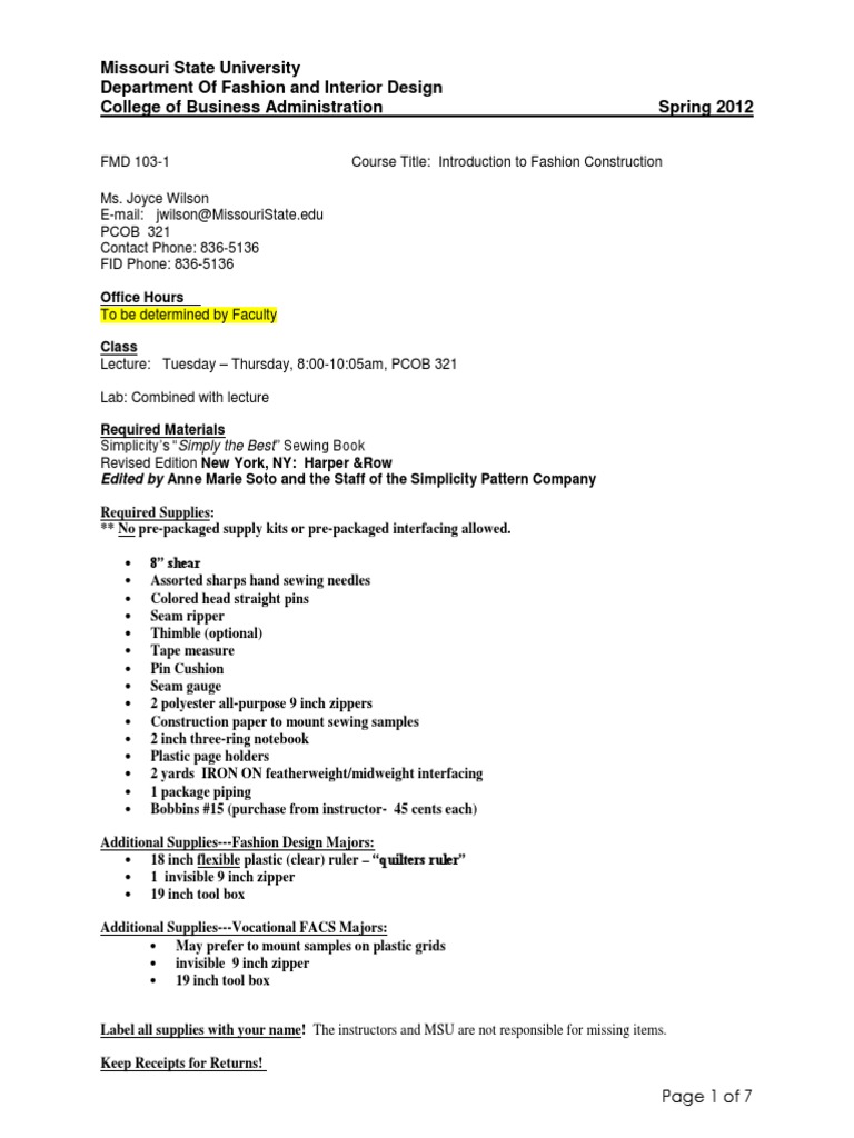 Fashion Construction Syllabus PDF Sewing Design