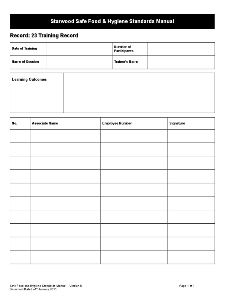 Starwood Safe Food & Hygiene Standards Manual: Record: 23 Training ...