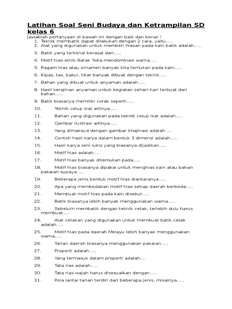Latihan Soal Seni Budaya Dan Ketrampilan Sd Kelas 6