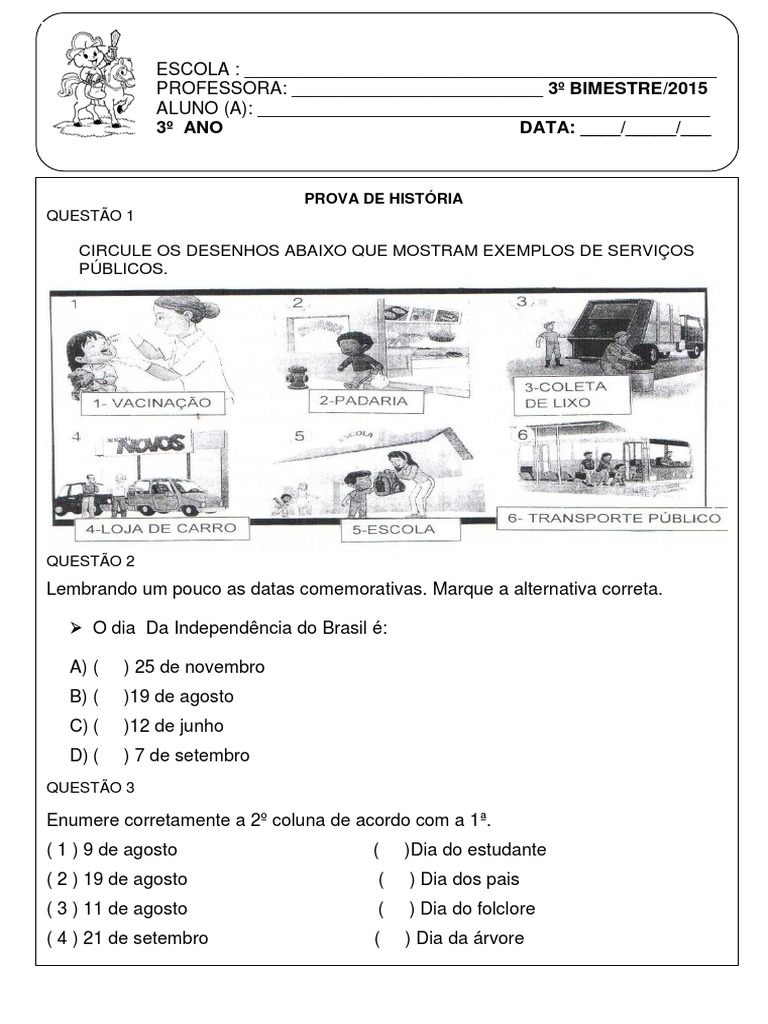 Prova de História - 3º Ano Fundamental | PDF