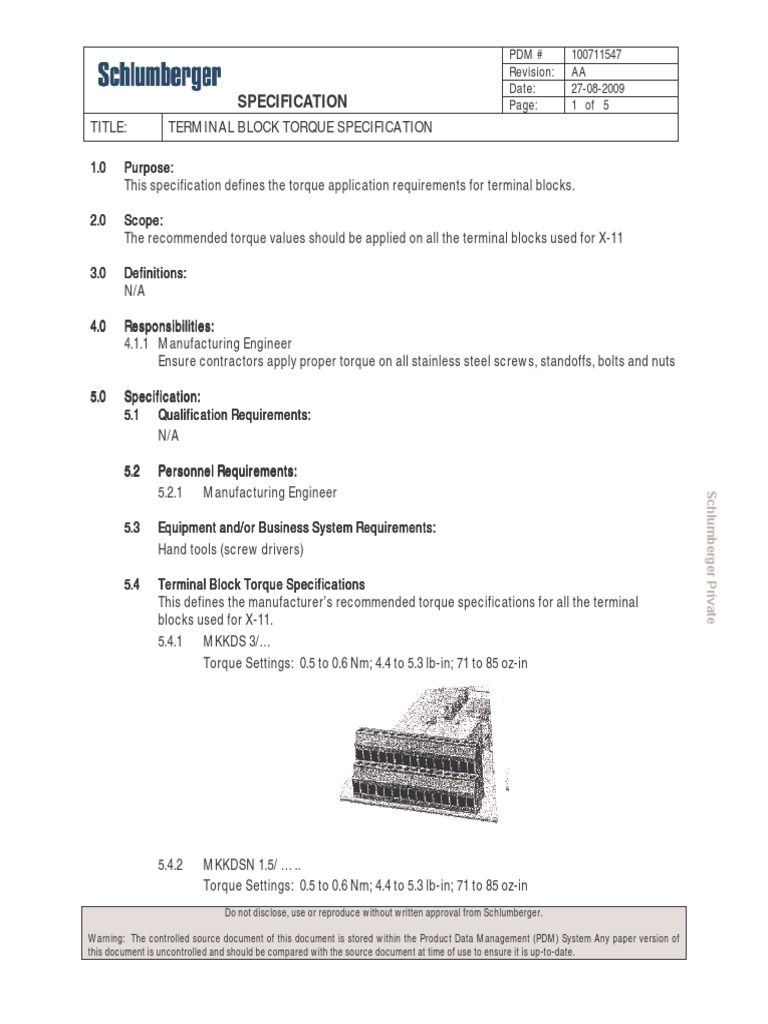 Terminal Torque Specification 5075669 01 Specification (Technical