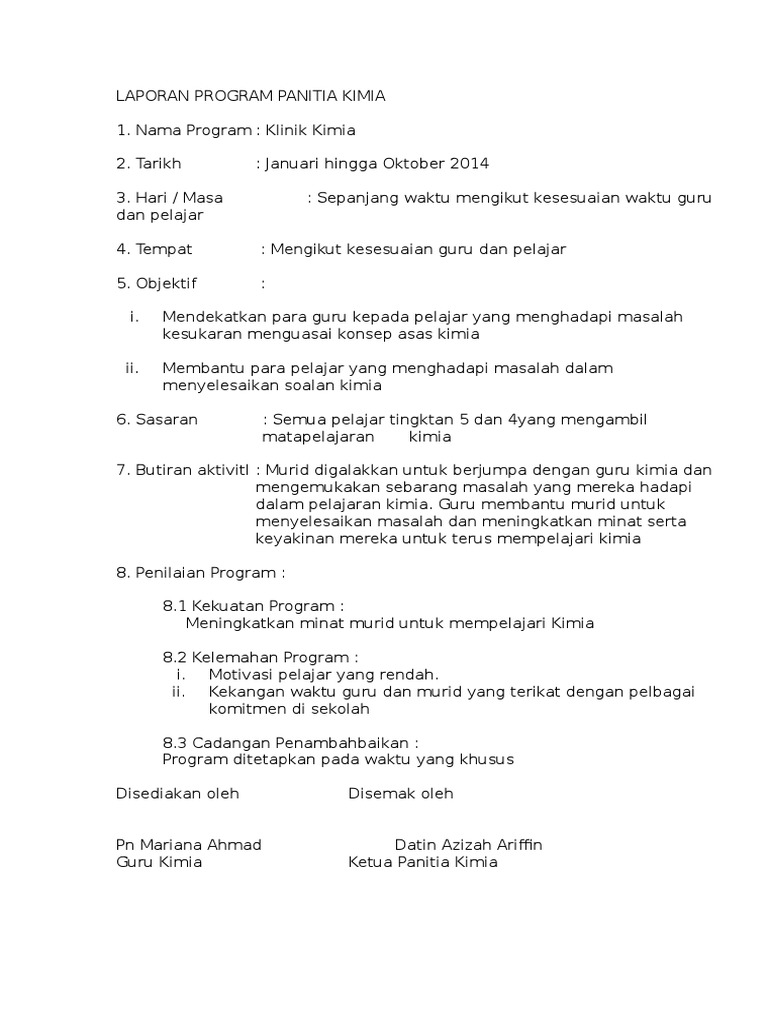 Laporan Aktiviti Panitia Kimia Klinik Kimia Pdf
