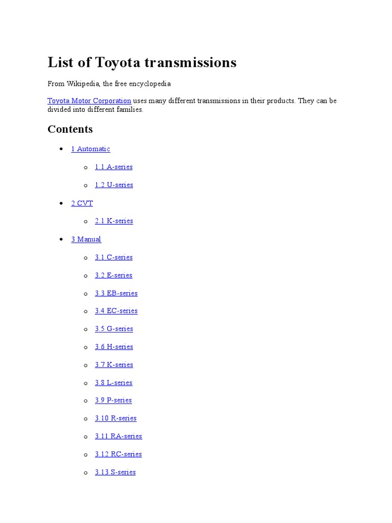 List of Toyota Transmissions Automobiles Vehicles