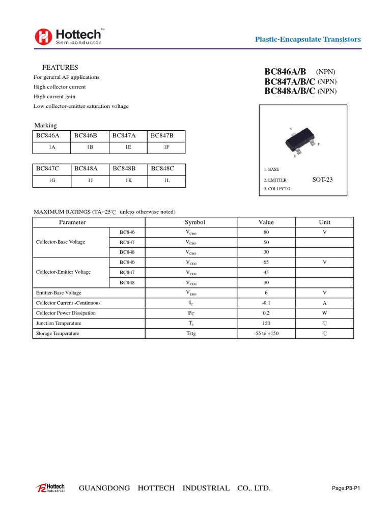BC847 SOT-23 Transistor Specifications | PDF