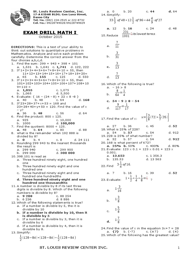Math Exam Drill Questions and Answers | PDF | Area | Celsius