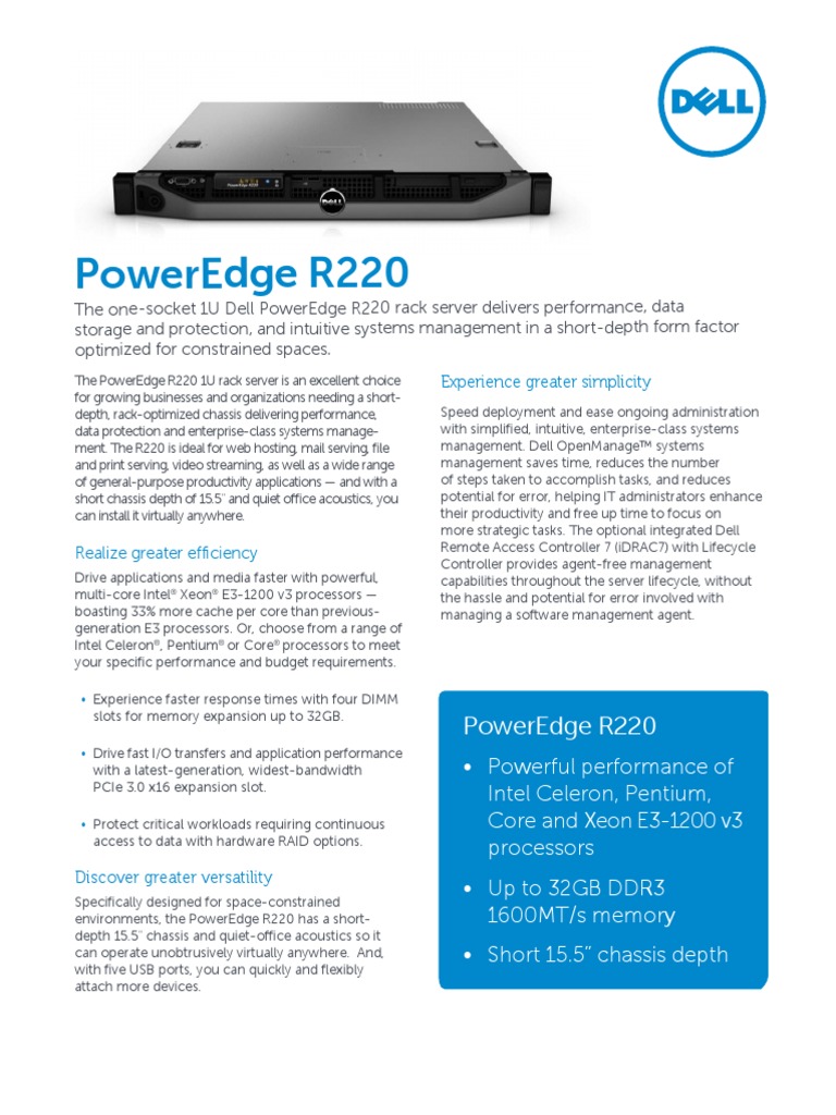 Dell PowerEdge R220 Spec Sheet Dell Intel