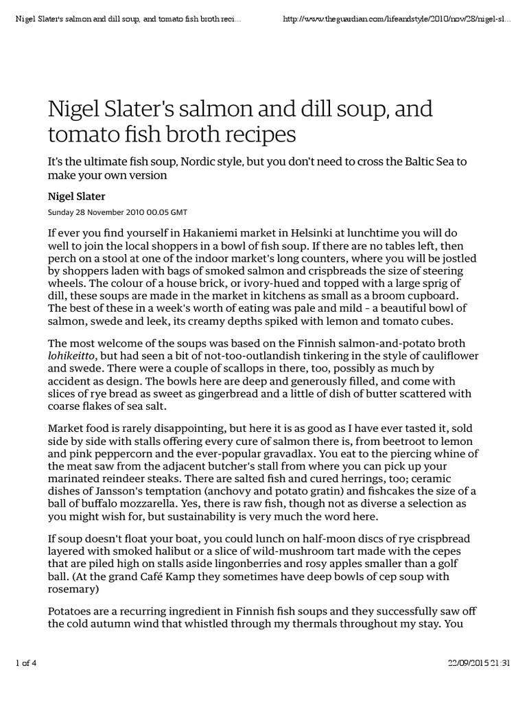 Nigel Slater's Salmon and Dill Soup, and Tomato Fish Broth Recipes