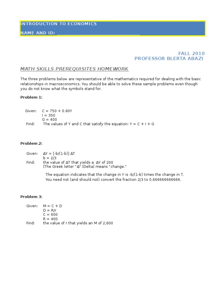 Economics Math Skills Homework Guide | PDF