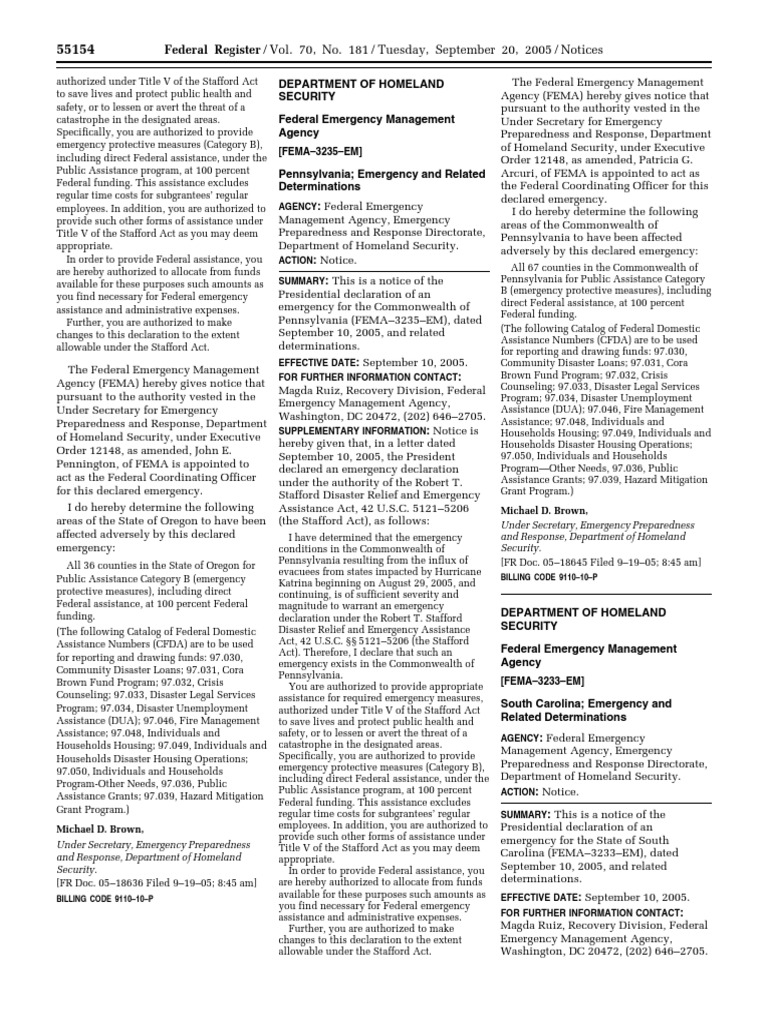 Notice Disaster and emergency areas South Carolina Federal