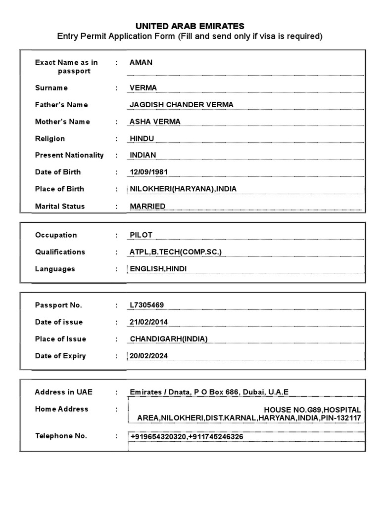 Entry Permit Application Form (Fill and Send Only If Visa Is Required ...