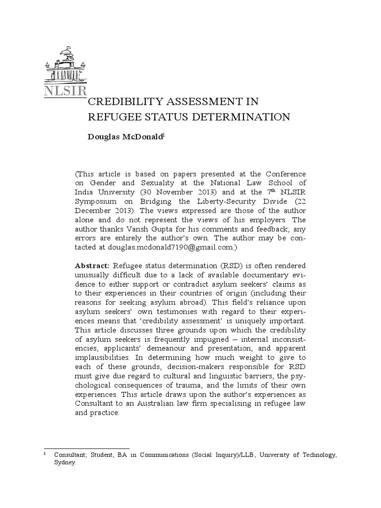 Douglas McDonald Credibility Assessment in Refugee Status Determination PDF Refugee Asylum