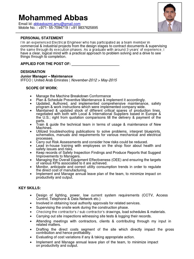 CV of Mohammed Abbas (Electrical Division) | PDF