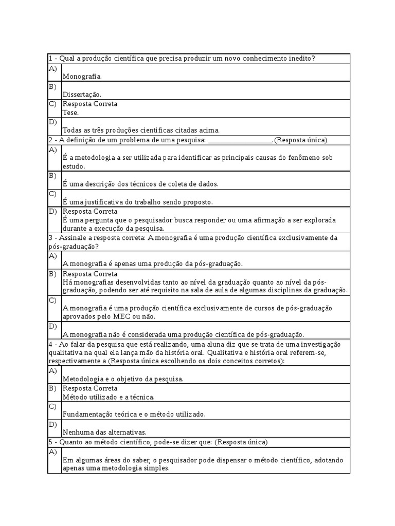 Prova De Metodologia Da Pesquisa Científica Com Gabarito