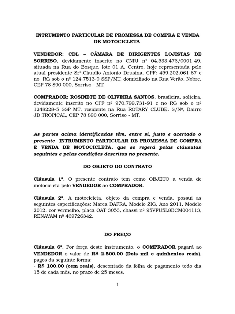 Modelo De Contrato De Compra E Venda De Motocicleta - Vários Modelos