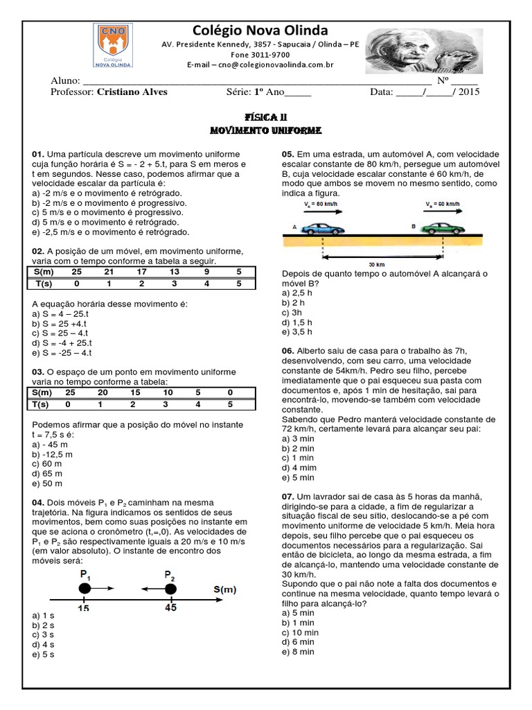 Exercícios de Movimento Uniforme 9º Ano | PDF | Velocidade | Espaço-tempo