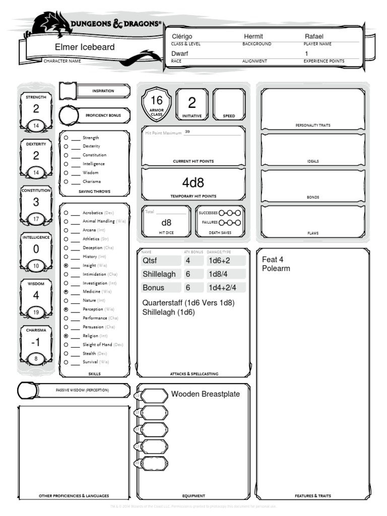 D&D Character Sheet: Elmer Icebeard | PDF