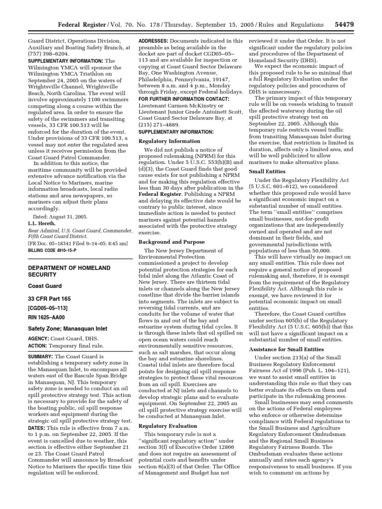 Rule Ports and Waterways Safety Regulated Navigation Areas, Safety