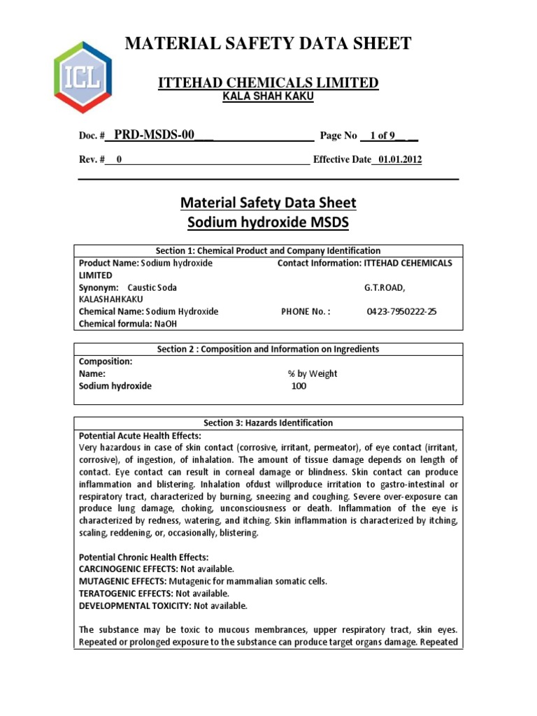 MSDS Naoh PDF Sodium Hydroxide Toxicity