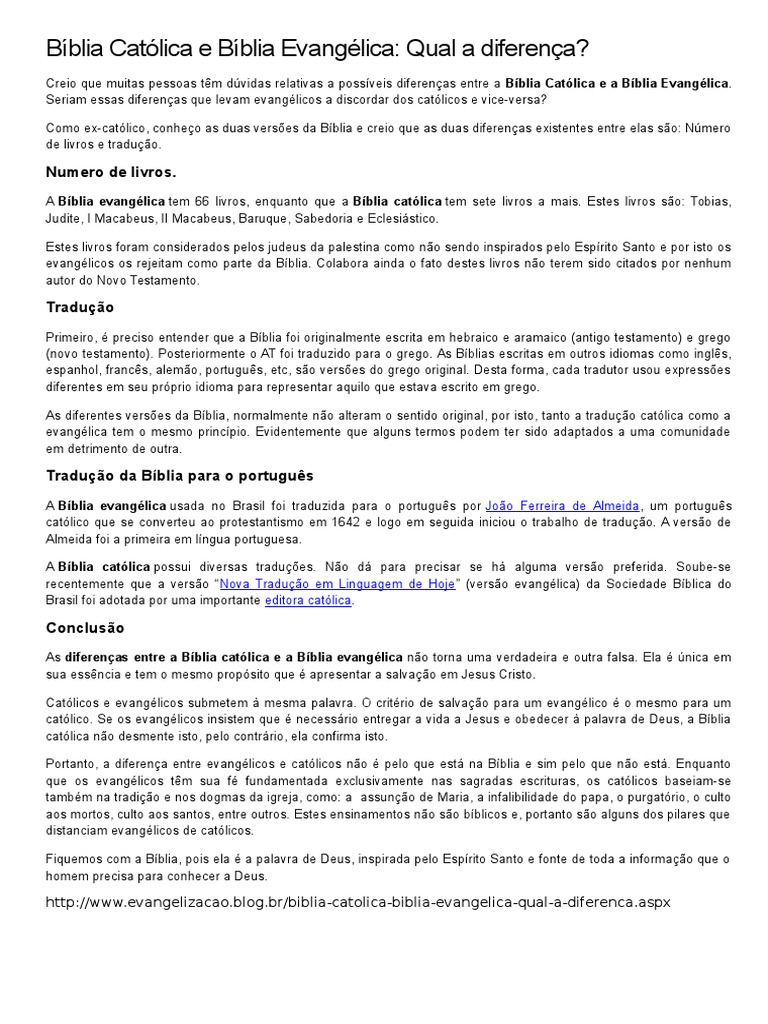 Diferenças entre Bíblia Católica e Evangélica | PDF | Protestantismo ...