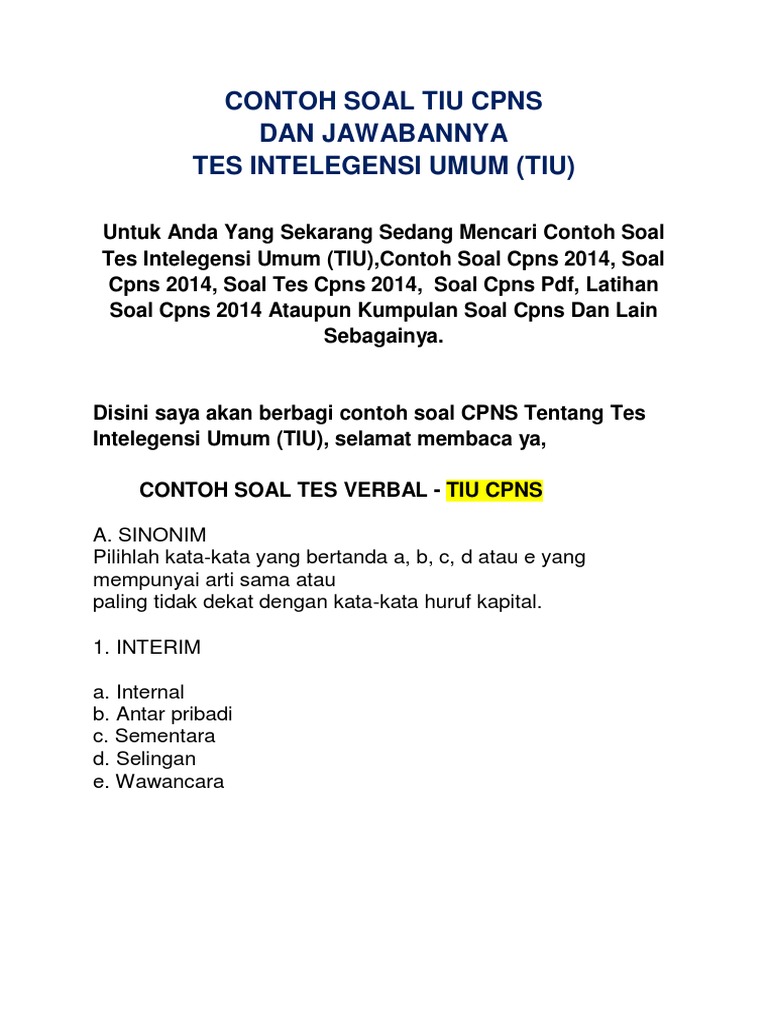 Contoh Soal Tiu Cpns Dan Jawabannya