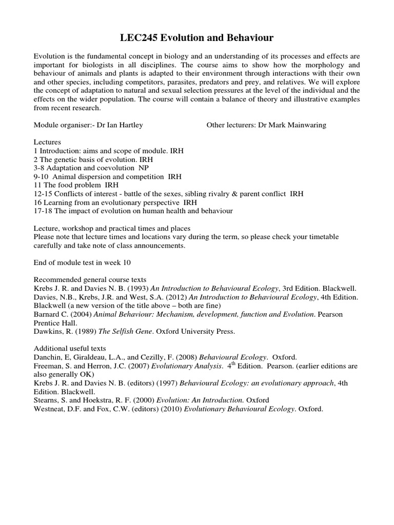 LEC245 Evolution and Behaviour | PDF