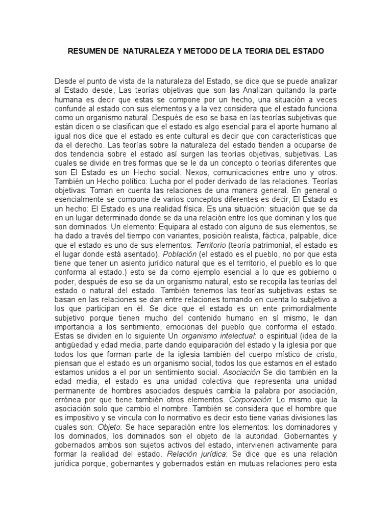 Resumen de Naturaleza y Metodo de La Teoria Del Estado