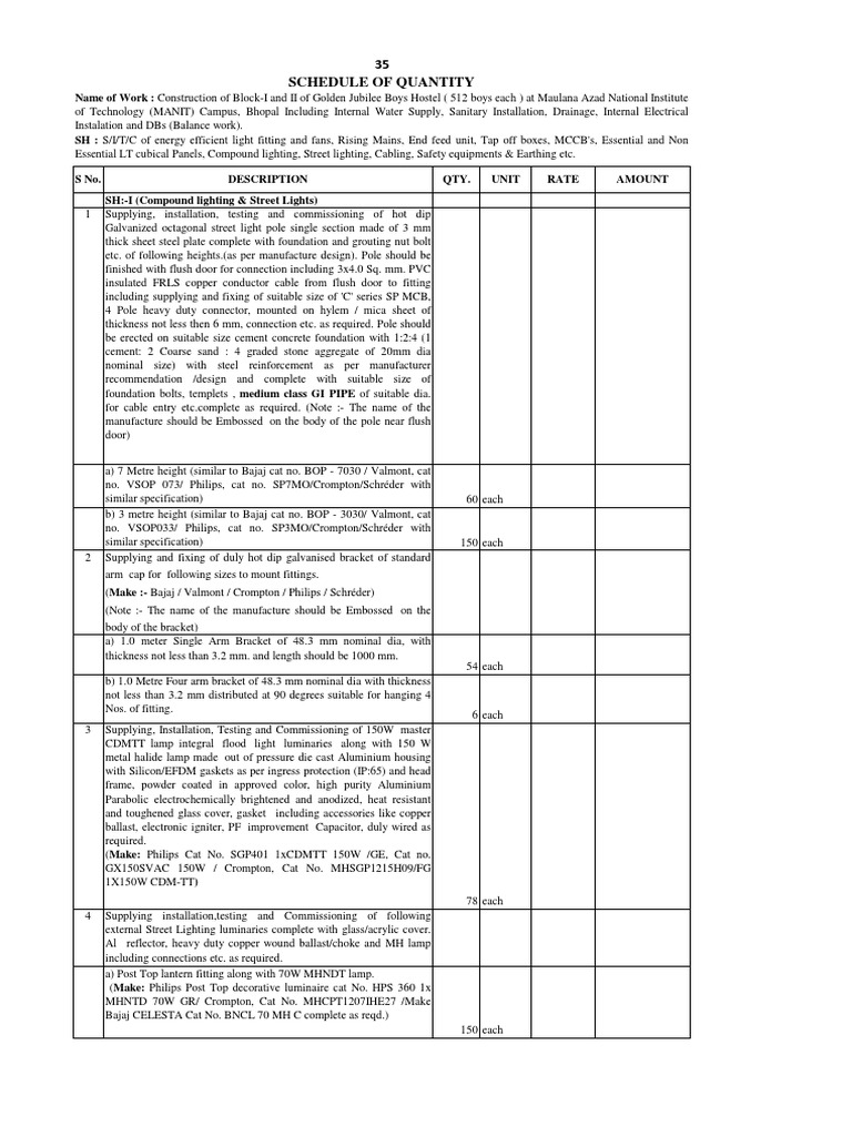 Schedule of Quantity Electrical Wiring Cable