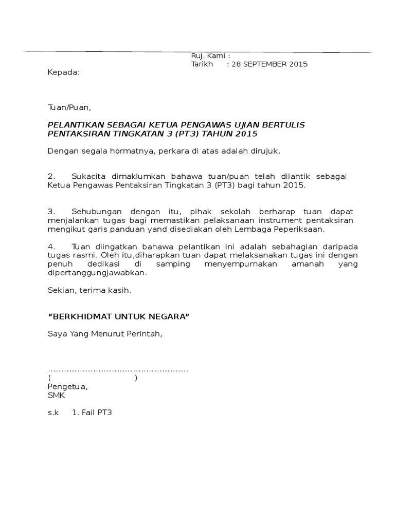 Contoh Surat Jawapan Penerima Pelantikan Pentaksir Pt3