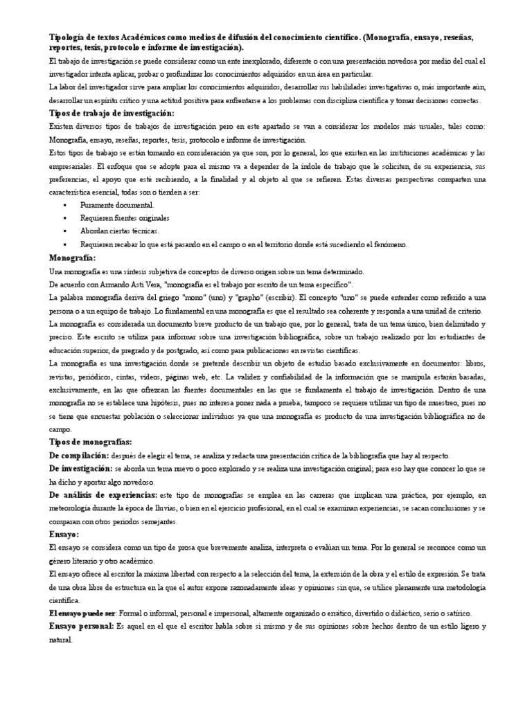 Tipología de Textos Académicos Científicos | PDF | Ensayos | Conocimiento
