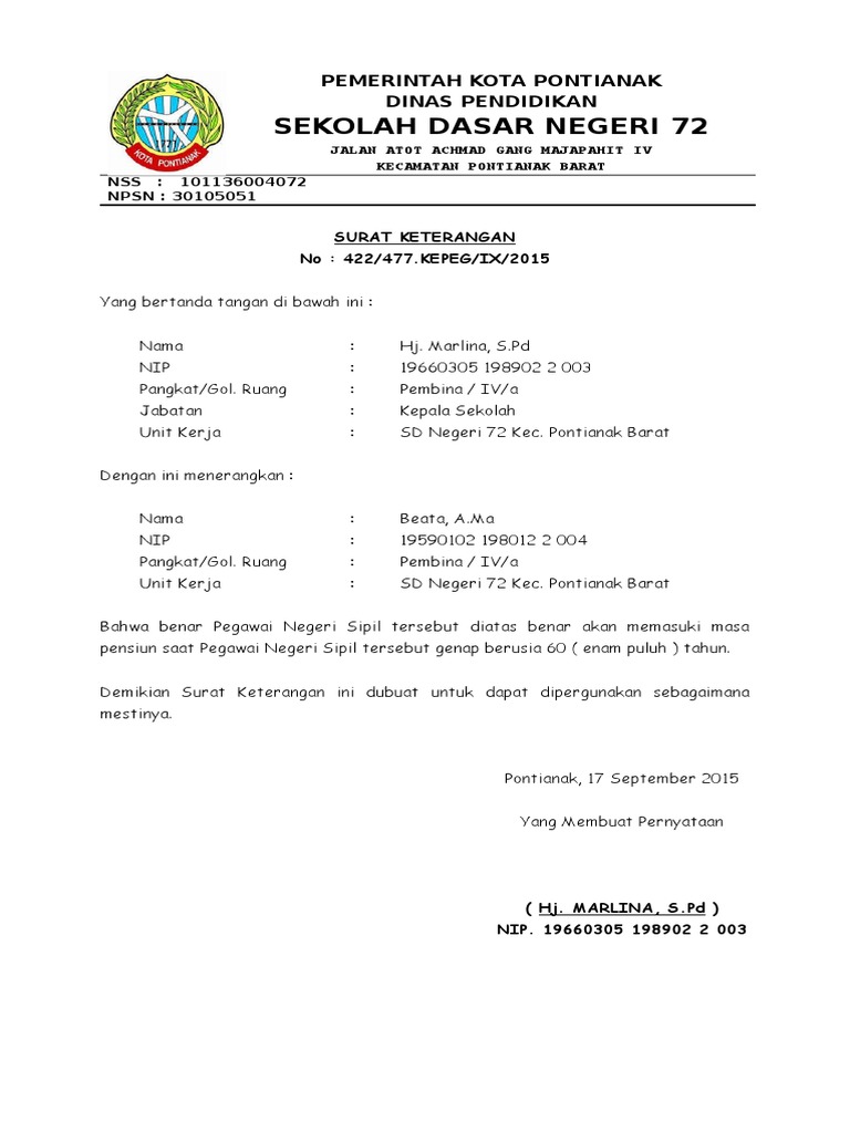 Surat Keterangan Pensiun Usia 60