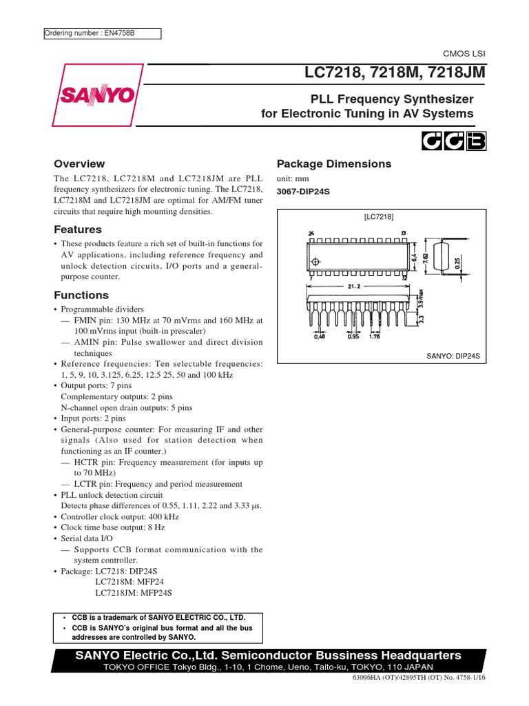 PLL Frequency Synthesizer LC7218 Overview | PDF