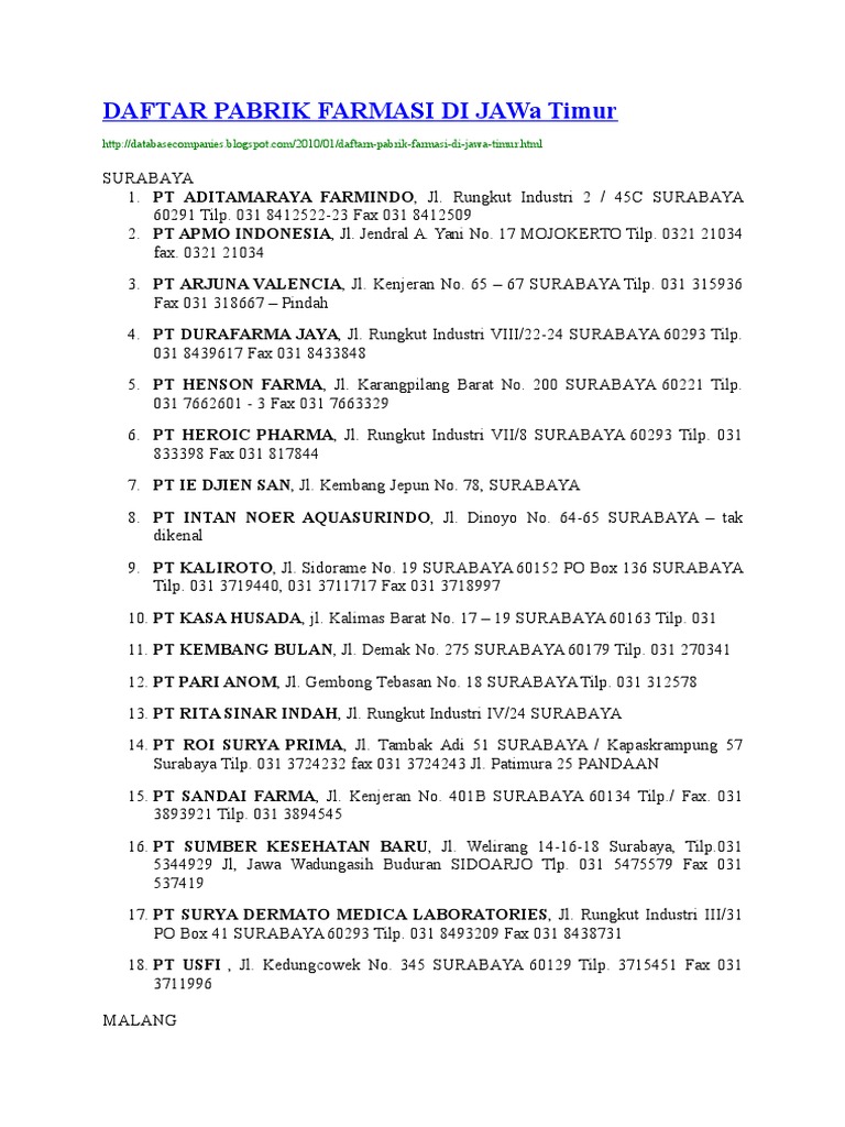 Daftar Pabrik Farmasi Di Jawa Timur Pdf