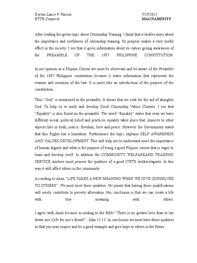 Reaction Paper in PREAMBLE OF THE 1987 PHILIPPINE CONSTITUTION | PDF ...