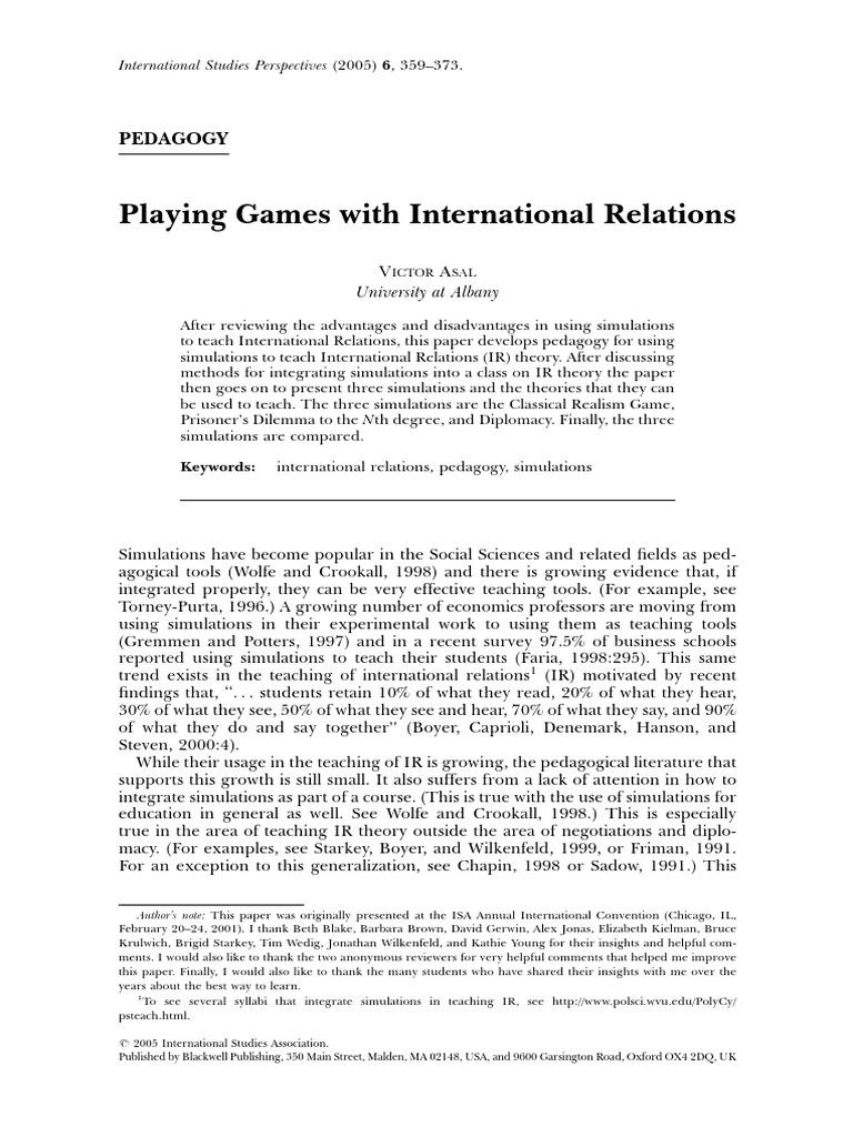Asal, V., 'Playing Games With International Relations' | PDF ...