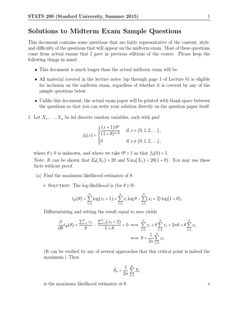 Solutions To Sample Midterm Questions | PDF | Estimator | Bias Of An ...