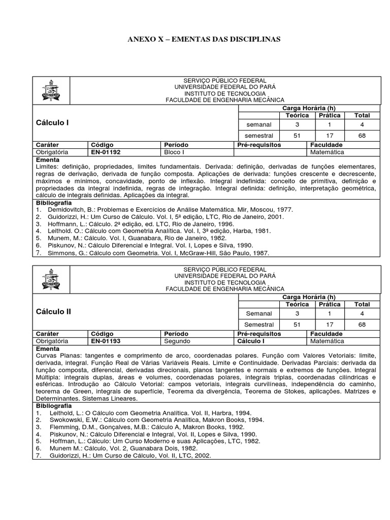 Ementas Das Disciplinas Cálculo Física