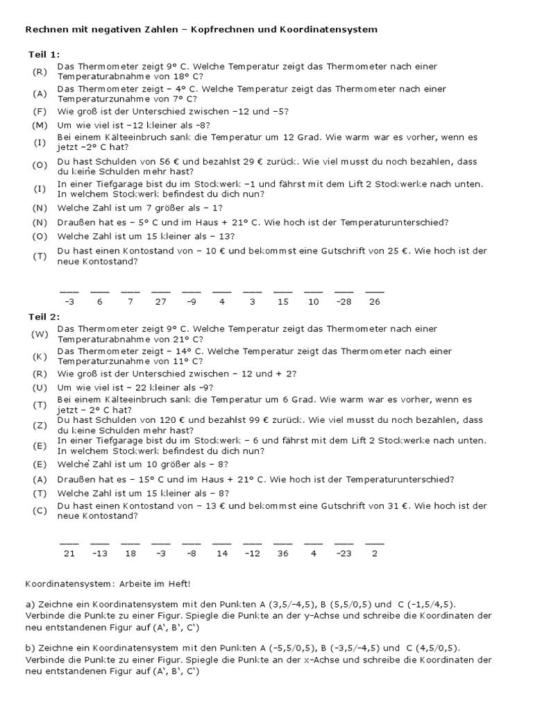 Negative Zahlen - Textaufgaben Und Koordinatensystem | PDF