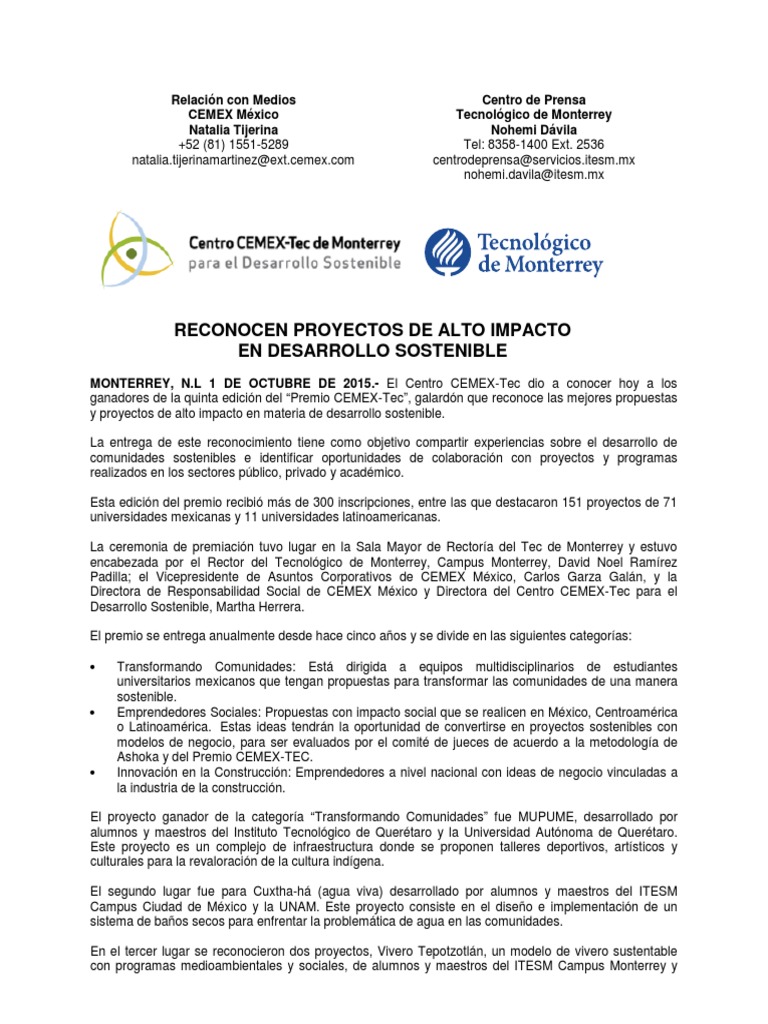 Reconocen Proyectos de Alto Impacto en Desarrollo Sostenible | PDF ...